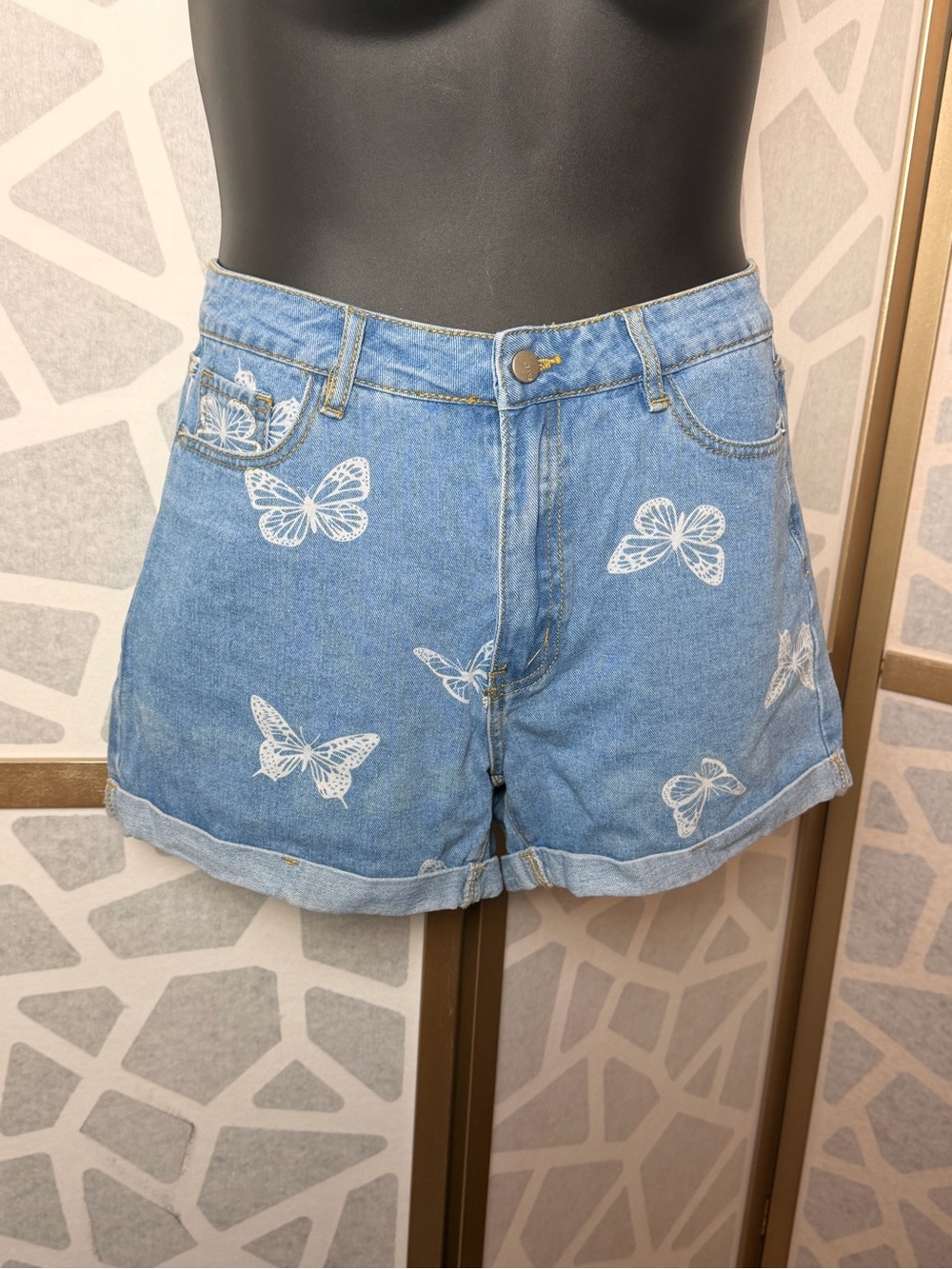 SHEIN Light Blue Denim Shorts with White Butterfly Print